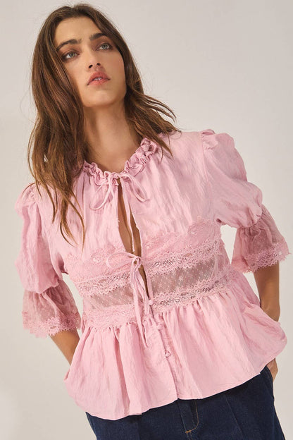 Split Front Sheer Lace Top in Mauve