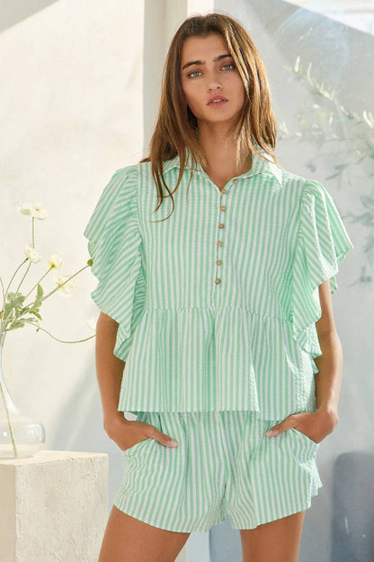 Ruffle Sleeves Pintuck Detail Striped Shirt Top - Green