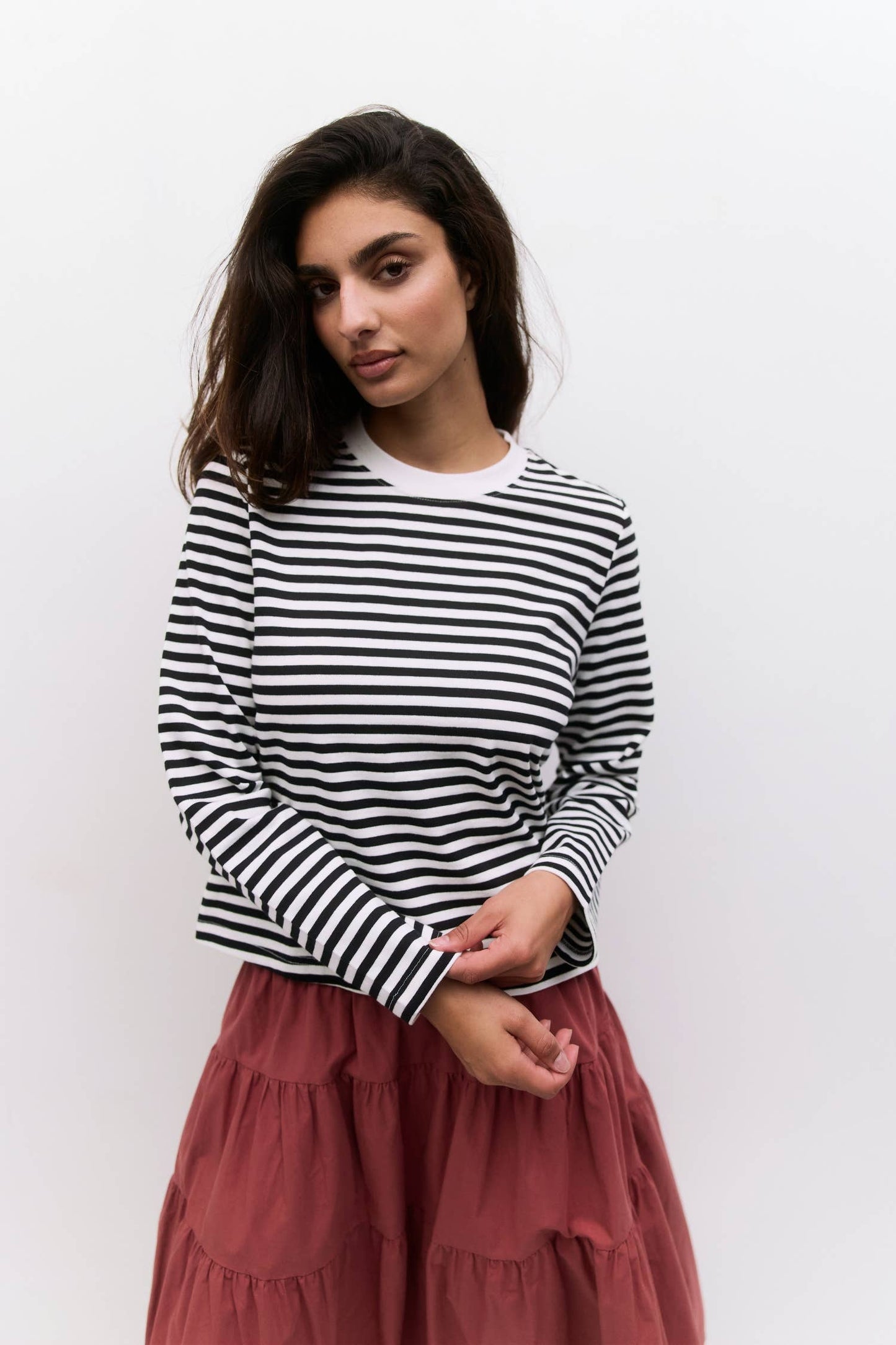The Kathleen Top | Women's Striped Long Sleeve T-Shirt: BLACK-WHITE