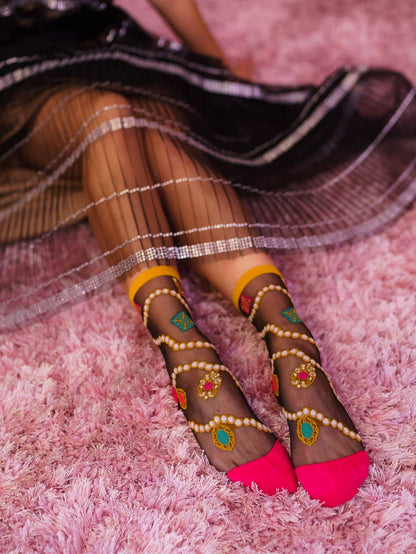 Pearls & Jewels Black Sheer Ankle Sock